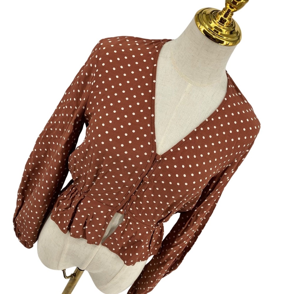 Retro Pinup Rust Brown Polka Dot Peplum Blouse V-Neck Button Size 2 Spring Boho